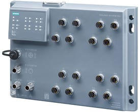 Siemens Scalance XP216POE EEC managed IE switch med jernbanecertifikat, vist med 16 M12-porte og status-LEDs på en grå enhed.