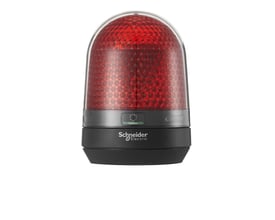 Nærbillede af Schneider Electric XVR3 signallampe, der viser den røde LED-kuppel, kontrolpanelet og mærkets logo.