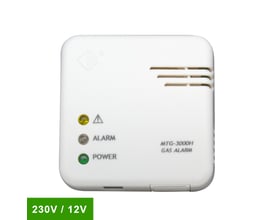 Foss Europe Life gasalarm 230V/12V i hvid, med synlige statusindikatorer og ventilationsrist.
