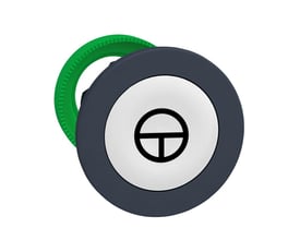 Detaljebillede af Schneider Electric flush trykknaphoved med symbol af en streg gennem en cirkel, hvid trykflade og grøn monteringsring.