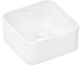 Nærbillede af Hansgrohe Xuniva Q håndvasken i blank hvid porcelæn, der viser dens firkantede form og indvendige afløb uden hanehul.