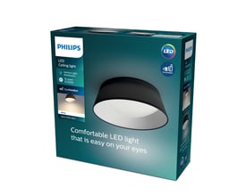 Pakke med Philips Lighting Dawn loftlampe i sort. Pakken viser lampen og fremhæver LED teknologi og EyeComfort.