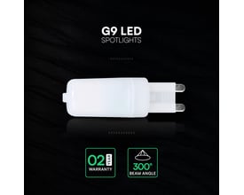 V-TAC G9 LED-pære på 2,2 W med hvid, aflang kappe og to ben, vist fra siden med 300° lysspredning.