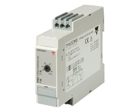 Carlo Gavazzi faseovervågningsrelæ til fasefølge, fasebrud og underspænding, set skråt med justeringsknap og terminaler.