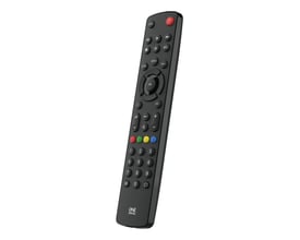 Vinklet billede af One For All URC 7115 Evolve TV universalfjernbetjening med et slankt, ergonomisk design.
