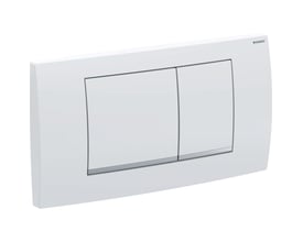 Geberit Twinline30 betjeningsplade i hvid plast med to matkrom trykknapper til dobbeltskyl på hvid baggrund.