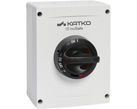 Katko KEM 380 M3 sikkerhedsafbryder, 3 x 80 A, i hvidt kabinet med sort drejegreb set forfra.