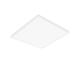 Hvidt Ledvance Panel Compact DALI LED-panelarmatur på 600 x 600 mm, set skråt forfra med den plane lysflade tydeligt synlig.