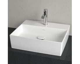 Villeroy & Boch Memento 2.0 topmonteringsvask monteret på sort bordplade med krom vandhane og afløb.