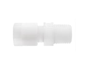 Serto PVDF unionskobling med udvendigt gevind. Måler 16/13 mm x ½'' og er fremstillet af hvidt PVDF-materiale med en hvid omløber.