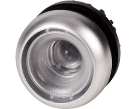 Bagside af Eaton M22-D-X trykknap, viser monteringsmekanisme og en transparent indsats.