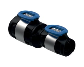 Geberit FlowFit reduktion i sort PPSU materiale, med dimensionerne 20 mm og 16 mm og blå presseindikatorer.