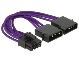 Lilla DeLOCK-adapterkabel med tekstilafskærmning, 8-pin PCI-E-stik og to 4-pin-stik.