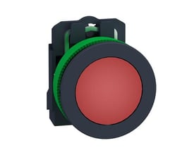 Schneider Electric signallampe med rød LED lyskilde og sort ramme, vist med grønt monteringsbeslag bagpå.