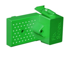 Lauritz Knudsen LexCom Home FixScrew i grøn plast, designet til skruemontering i LexCom Home kabinetter, med synlige skruehuller og 'Push'-indikator.