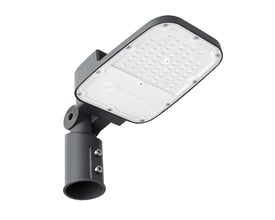 Grå LEDVANCE Streetlight Area S gadearmatur på masteadapter, set skråt forfra med synlige LED'er.