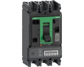 Schneider Electric ComPacT NSX400HB2 maksimalafbryder 3P 3d med 320A MicroLogic 6.3 EM strømrelæ og integreret energimåler, vist med grønt håndtag i OFF-position.