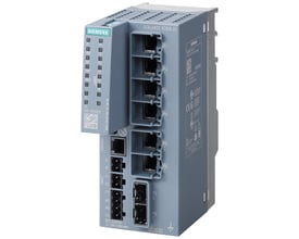 Siemens Scalance SC636-2C cyber security appliance med 4 RJ45 porte, 2 combo porte og console port på grå baggrund.