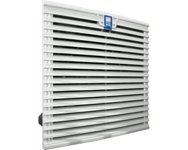 Rittal tavleventilator i hvid plast, 204 x 204 mm, med synlige lameller og et blåt Rittal logo øverst.