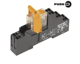 Weidmüller RCI relæmodul med 1 CO kontakt, 24VAC og 16A. Modulet er sort med en gul udløserknap og PUSH IN logo.