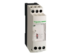 Schneider Electric Zelio temperaturtransmitter RM TJ med hvidt og sort kabinet, monterbar på DIN-skinne, viser indstillingsmuligheder og tilslutningsklemmer.