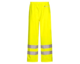 Lyngsøe Rainwear FR-LR52 brandhæmmende hi-vis regnbuks i gul, størrelse XS, set forfra med refleksbånd ved benene.