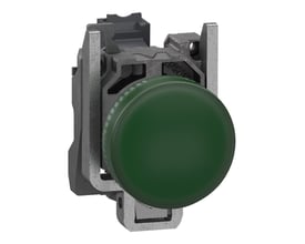 Schneider Electric XB4BVG35 grøn signallampe med LED, komplet og klar til montering med push-in fjederklemmer på hvid baggrund.