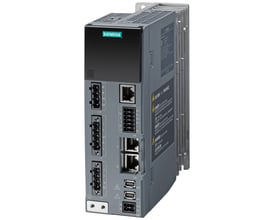 Siemens SINAMICS S210 frekvensomformer med flere tilslutningsporte og mærkater på siden, grå og sort plast.