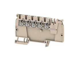 Detaljeret view af Weidmüller beige distributionsklemme, der viser de fem push-in forbindelser og mærkning '5' på en hvid baggrund.