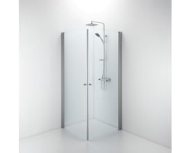Contura Shower Space lige dør med mat aluminiumsprofil og klart glas på 77 cm, med brusehoved og armatur.