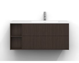 Svedbergs Epos underskab i brun ask, 100x45 cm, set forfra med to skuffer, åbne sidehylder og hvid håndvask.