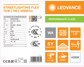 Teknisk specifikationsgrafik for Ledvance Streetlight Flex M vejbelysningsarmatur, 70 W og 10.990 lm.