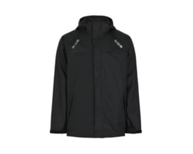 Sort Lyngsøe Rainwear LR1330 arbejdsregnjakke i størrelse L, fremviser reflekterende detaljer på skuldrene og hætten.