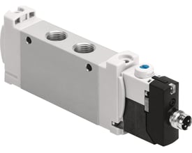 Festo VUVG-Lk10-M52-At-M7-1R8L-S, en kompakt 5/2 monostabil enkelventil i aluminium og plast med M7-gevindtilslutninger på hvid baggrund.