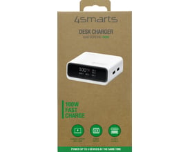Emballagen til 4smarts Desk Charger GaN Screen viser den hvide bordoplader med skærm og porte.