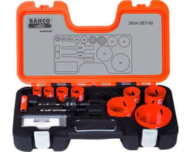 Bahco SANDFLEX bi-metal hulsavesæt fra 16 til 83 mm i åben orange og sort kuffert med hulsave og holdere.
