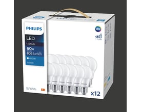 Pakke med 12 Philips LED Standard E27 lyskilder, 8W, 806 lumen, 4000K neutral hvid, 15.000 timers levetid.