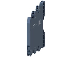 Siemens input coupler til 110-230 V AC/DC med 1 NO-kontakt og push-in-klemmer, set skråt forfra med terminalmarkeringer.