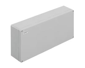 Gråt, lukket Weidmüller Klippon POK-plastkabinet med skruer i hjørnerne, 600 x 250 x 120 mm.