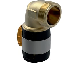 Geberit FLOWFIT 90° bøjning i blyfri rødgods med 50 mm pres-ende og 1 1/2" udvendigt gevind, set fra siden.