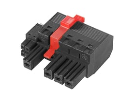 Weidmüller hybridstik med fire poler og 7,62 mm afstand, sort hus og rød aktuatordel set skråt.