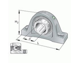 Leje INA PASEY40-XL-N med stålejehus og dimensioner L, D, H2 vist. Pinolskruer og P-tætning fremhævet.
