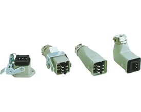 Forskellige Harting stikindsatser i grå og lysegrå farver, der viser flere konfigurationer af 6-polede han-stik.