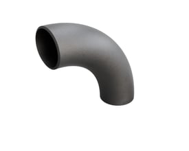 Indura 90° bøjning i P235GH-TC1 stål, 57x2,9 mm. Bøjningen har en radius på 127,5 mm og hvid baggrund.