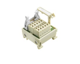 Weidmüller interfacemodul med terminaler og plug-in-stik, vist skråt forfra med åbent tilslutningsgreb.