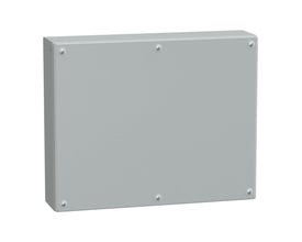 Schneider Electric metalklemkasse set bagfra, viser robust konstruktion i RAL 7035 og fastgjort med skruer.