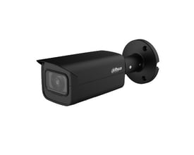 Dahua 5MP sort bullet AI kamera med 2.8mm fast objektiv og 80m IR-rækkevidde, vist med monteringsbeslag.