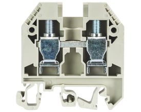 Bleggrå Wieland rækkeklemme 10mm² med skruetilslutning og universal-fod, set fra siden med fokus på montering og bredde.