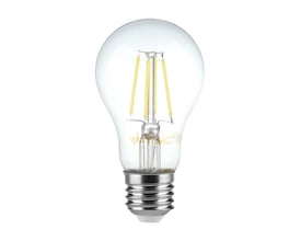 V-TAC A60 LED-pære med klar glas og synlige filamenter, E27 fatning, hvid baggrund.