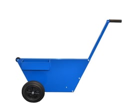 Blå lakeret båndvogn til stålbånd med indvendig diameter 300mm, store hjul og værktøjsrum.